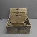 Woanger Set of 4 Wicker Storage Baskets OrganizerHandwoven Storage Bins with Lid for Organizing, Home Utility Box for Home Office Supplies Multipurpose Container(White)