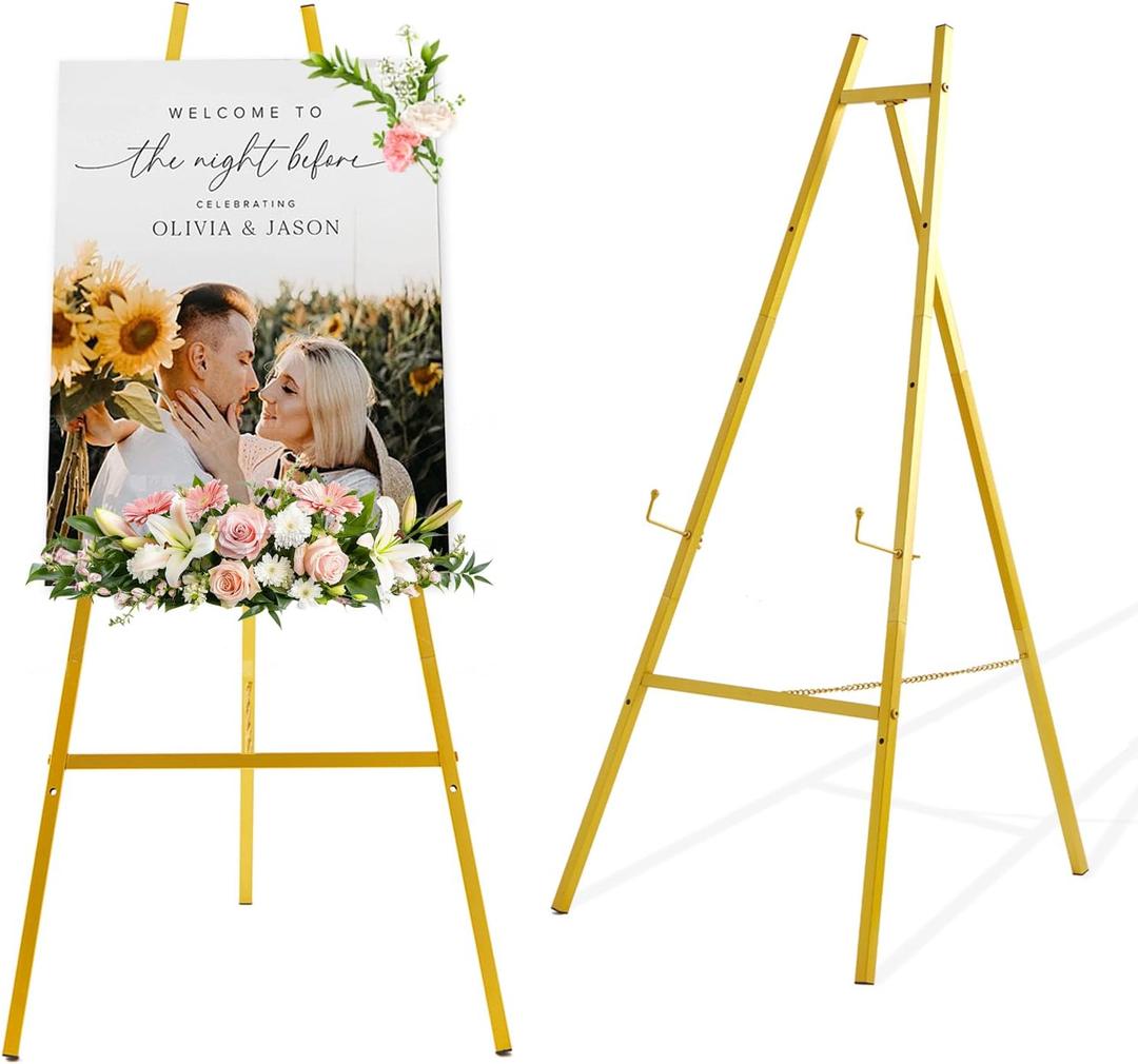43.5" Gold Metal Easel Stand for Sign, Heavy Duty Folding Easel for Wedding Welcome Sign, Decorative Easel for Mirror, Art, Photo, Adjustable Painting Display 4-Tier Height