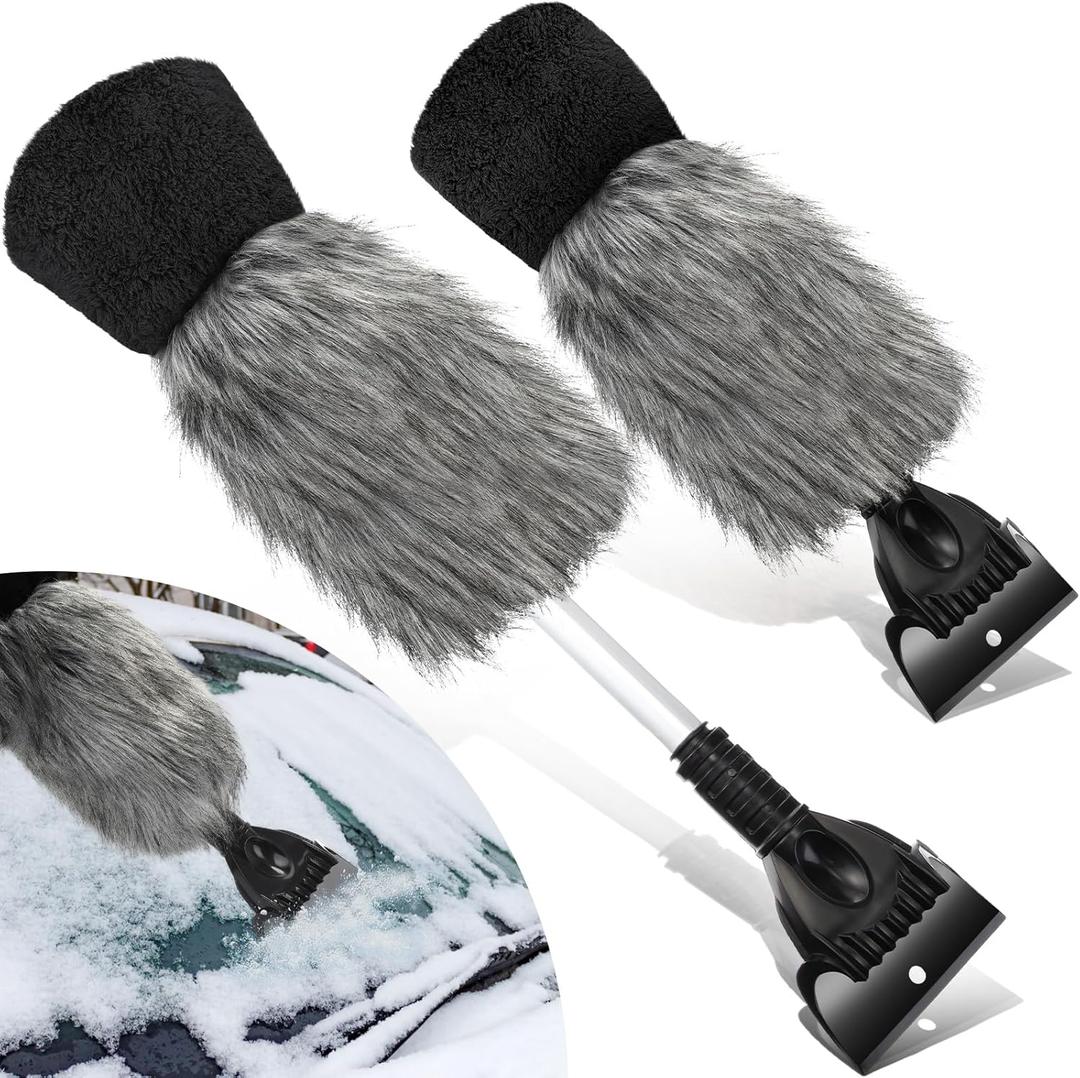Geyoga 2 Pcs Ice Scraper Retractable with Glove Set Faux Fur Car Windshield Scraper Mitt Retractable Snow Remover Quickly Ice for Removing Snow Glove Set for Keeping Warm (Grey)