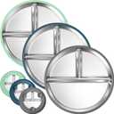 BUSOHA 3 Pack Stainless Steel Kids Plate Set - 9 Divided Toddler Baby Plates with Silicone Sleeves with Suction 2-in-1 Anti Breakage Metal Toddler Bowls Microwave Dishwasher Safe (Dark Blue + Dark Gray + Green)