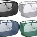 4 Pack Durable Collapsible Laundry Baskets, Mesh Foldable Laundry Basket, Pop Up Laundry Hamper with Pocket, Clothes Hamper with Reinforced Handles for Laundry, Bathroom, Kids Room, Dorm or Travel (Gray+Black+Navy+Green)