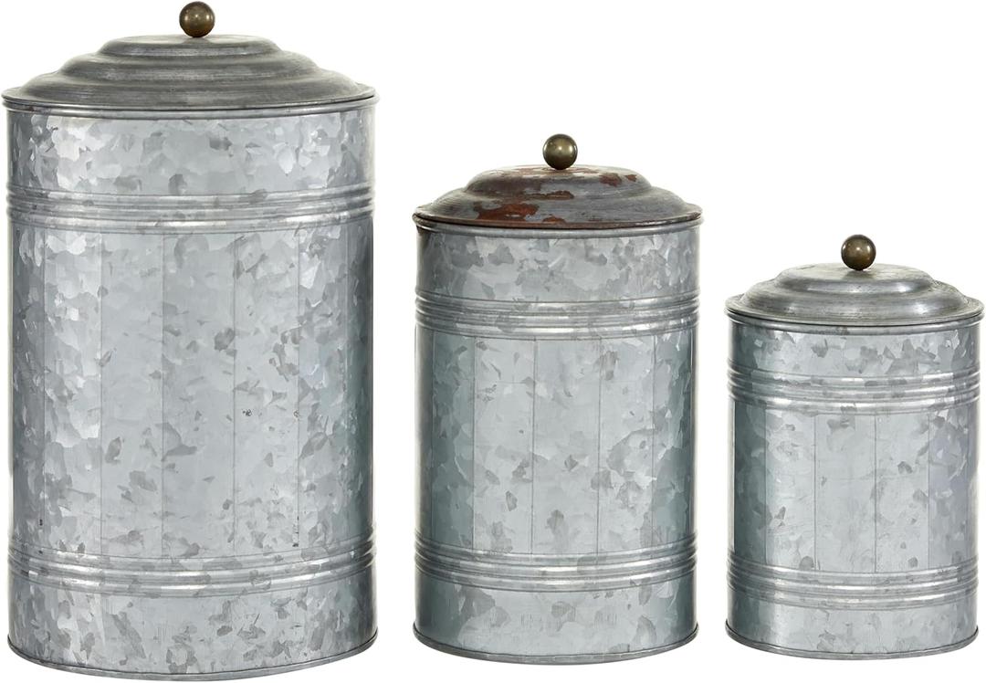 Deco 79 Metal Living Room Decorative Jars Galvanized Ribbed Decorative Container with Gold Ball Knobs, Set of 3 Jar with Lid 12", 9", 8"H, Gray