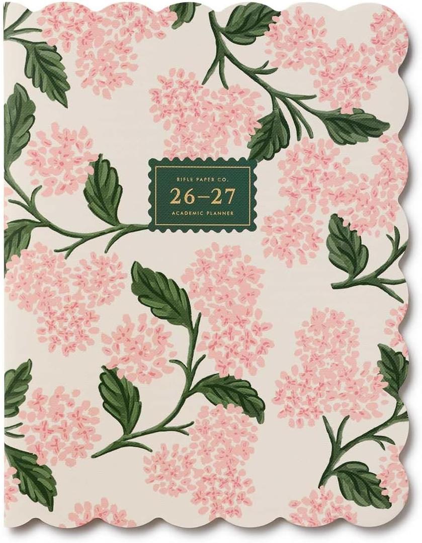 RIFLE PAPER CO. 2027 Pink Hydrangea 12-Month Academic Appointment Notebook, Aug. 2026 - July 2027, Thread-Stitch Binding, 9.75" L x 7.75" W, Metallic Gold Foil Accents, Monthly Pages & Note Section