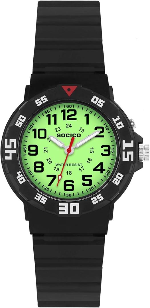 SOCICO Kids Analog Watch with Light for Boys Girls Waterproof Time Teaching Watch with Soft Band Learning Time Wrist Watch Easy to Read for Children Great Gifts