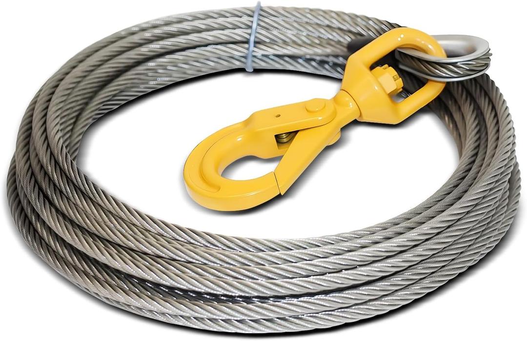 3/8" x 75' Steel Winch Cable with Self Locking Hook 14,400 lbs