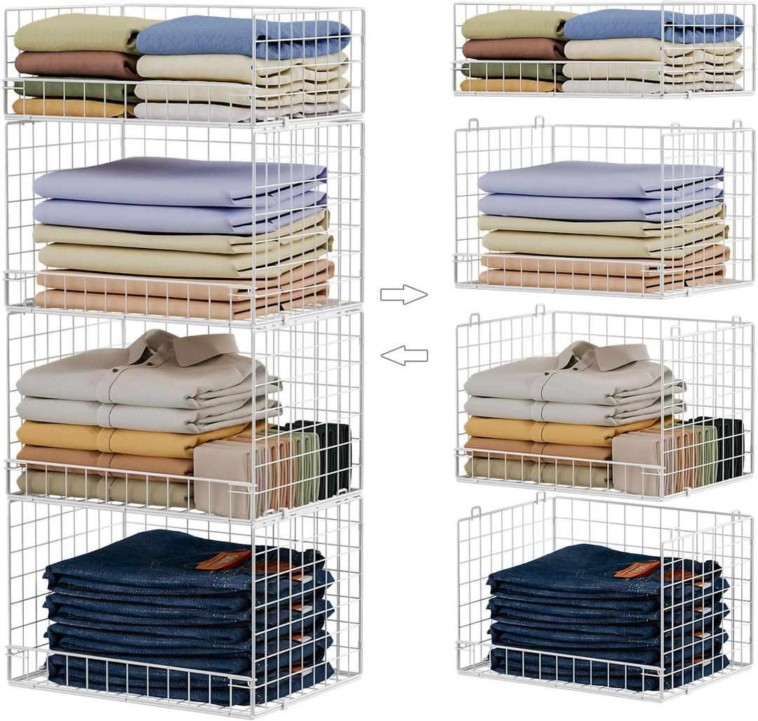 Yociyoga 4 Tier Stackable Closet Organizers and Storage Shelves, Foldable Closet Shelf Organizer System, Stackable Storage Bins Drawers for Clothes Organizer System, WhitePatent 