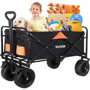 Foldable Wagon Cart with Steel Frame & Big All-Terrain Wheels, Collapsible Utility Cart for Camping, Grocery Shopping, Beach, Outdoor Sports  330LBS Heavy Duty, Black