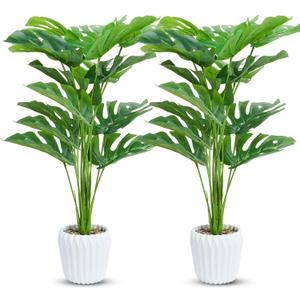 Set of 2 Fake Plants 28" Tall Artificial Monstera Deliciosa with 18 Leaves in White Pot for Home Office Decor