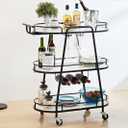J-yaamiZz Gold 3 Tiers Bar Cart, Home Bar Serving Cart on Lockable Wheels, Rolling Alcohol Cart with Guardrail Wine Rack, Modern Wine Cart for Home Kitchen Dining, Living Room, Black and White, Medium