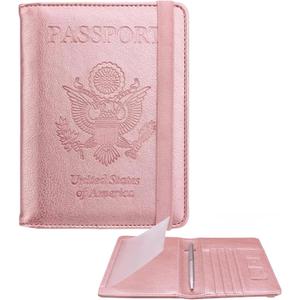 WALNEW Passport Holder for Travel, RFID Passport Cover Wallet for Women Men, PU Leather Passport Book Card Holder Case with Pen (Upgraded, Upgraded-Rosegold)