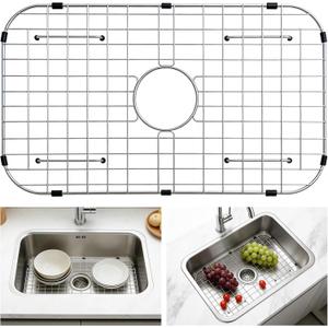 GUUKIN Sink Protectors for Kitchen Sink Bottom, 26" x 14"Stainless Steel Sink Protector with Center Drain Hole, Sink Rack with Extra Replacement White Rubber Feet
