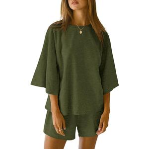 Tankaneo Womens Pajama Sets 3/4 Sleeve Oversized Tops and Elastic Waist Shorts Lounge Sets Loungewear, Size M