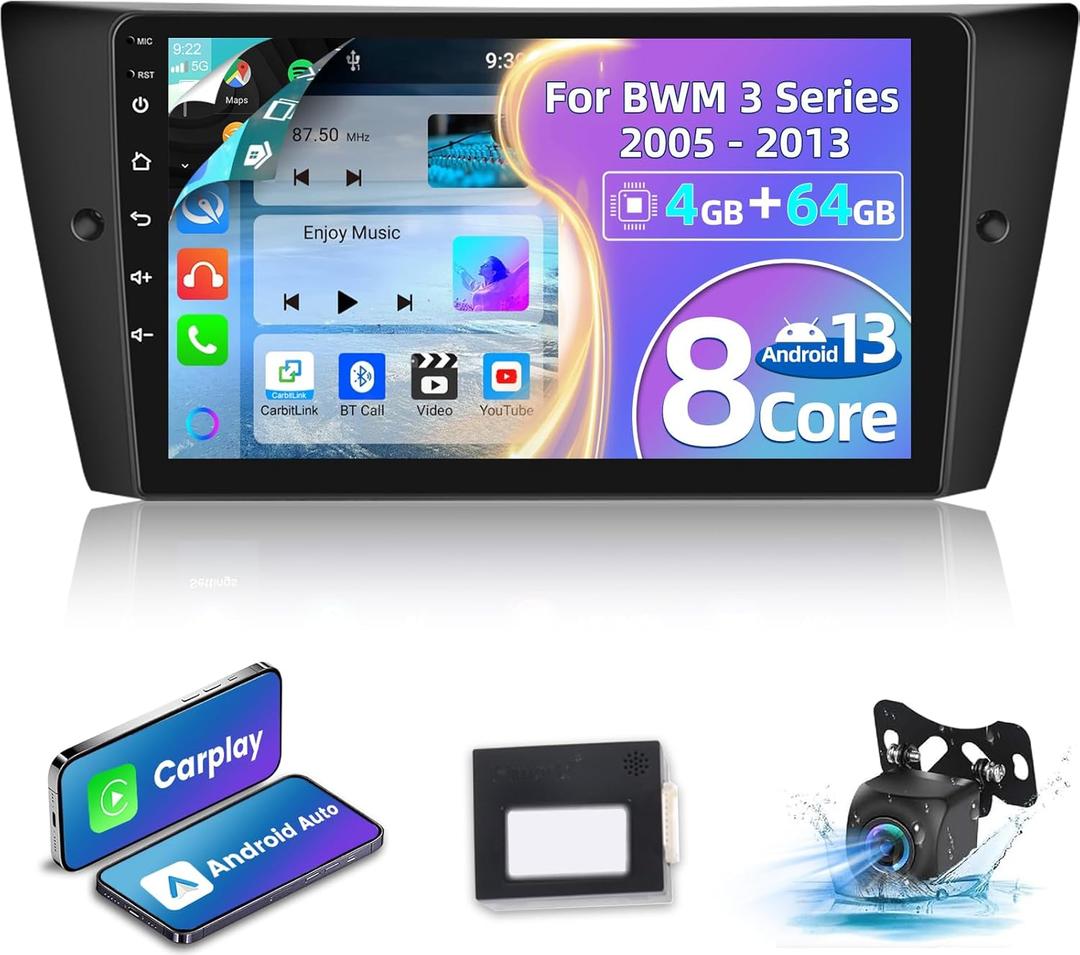 [8-Core 4+64G] Android Stereo for BMW 3 Series E90 E91 E92 E93 2005-2012: 9 Inch IPS Touchscreen DSP Audio - Wireless Carplay & Android Auto, GPS, WiFi, EQ, Custom Homepage + AHD Backup Camera