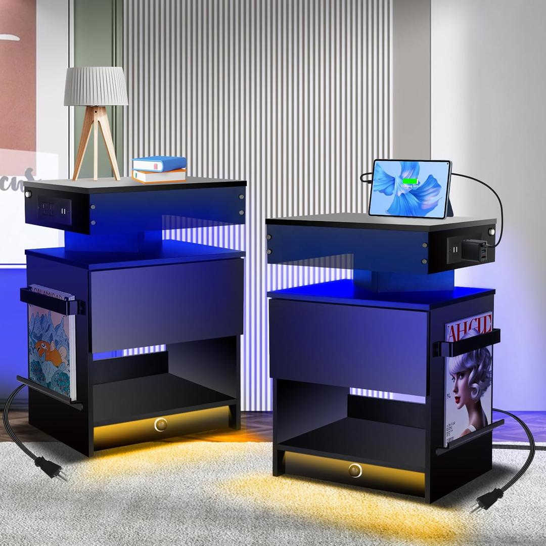 Nightstand with Induction Light & Side Charging Station, Modern Bedside Table with Drawer & Acrylic Bookshelf, Set of 2 Black End Tables for Bedroom - Final Stocks