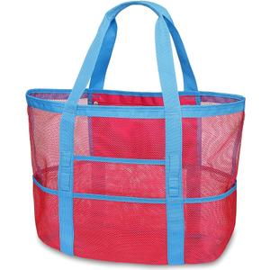 F-color Mesh Beach Bag Family - Large Tote Bag 9 Pockets for Swim Pool Toys Cruise Beach Vacation Essentials