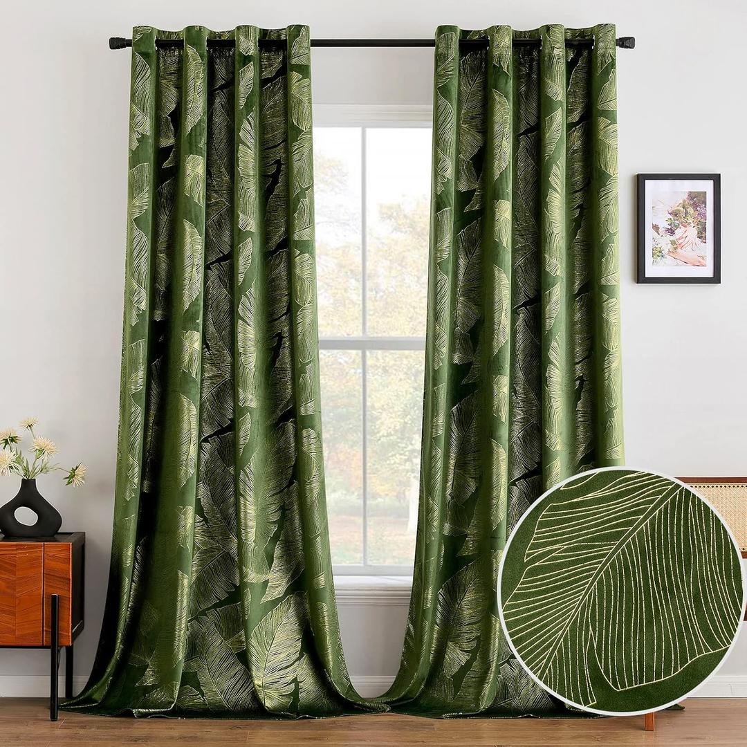 MIULEE Luxury Velvet Curtains 84 Inches Long 2 Panels, Leaf Patterned Gold Foil Printed Curtains for Bedroom Living Room Soft Room Darkening Thermal Insulated Grommet Window Drapes, Olive Green (52"W x 84"L (Pack of 2), Olive Green/Gold Leaf)