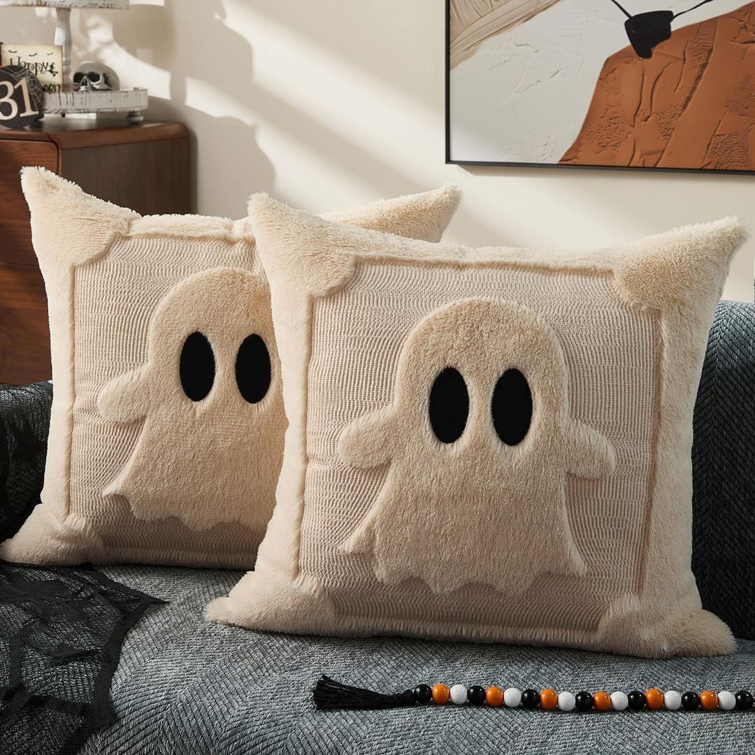 DFXSZ Halloween Pillow Covers 18x18 inch Set of 2 Black Eyes Beige Ghost Throw Pillow Cases Soft Plush Faux Fur Wool Couch Cushion Case for Chair Sofa Bedroom Living Room Home Decor PTK058B18