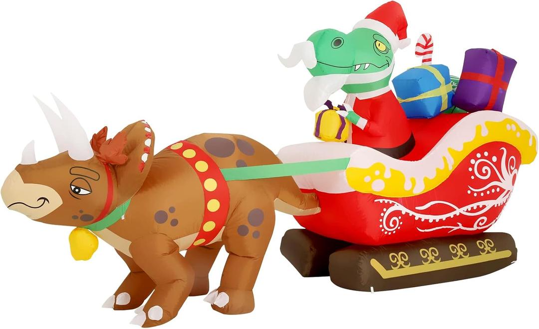 WBHome 10 Ft Long Christmas Inflatable Dinosaur on Sleigh with Triceratops Outdoor Decorations, Xmas Blow Up Yard Decor with Built-in LED Light for Lawn Home Party Indoor Outdoor