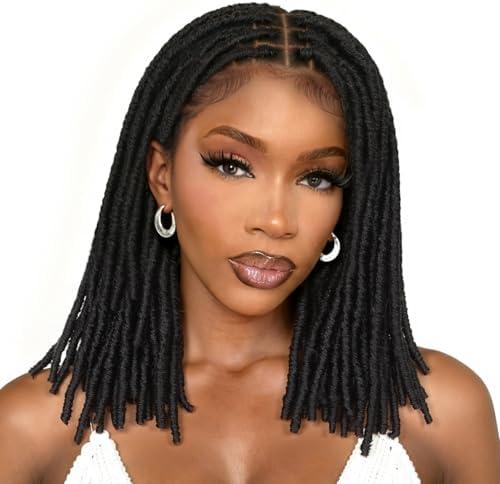 FAVE 14” Full Lace Dreadlock Wig Soft Faux Locs Wig with Baby Hair Synthetic Goddess Locs Braided Wigs for Black Women Natural Black Braided Wig for Daily Use Big Head Friendly