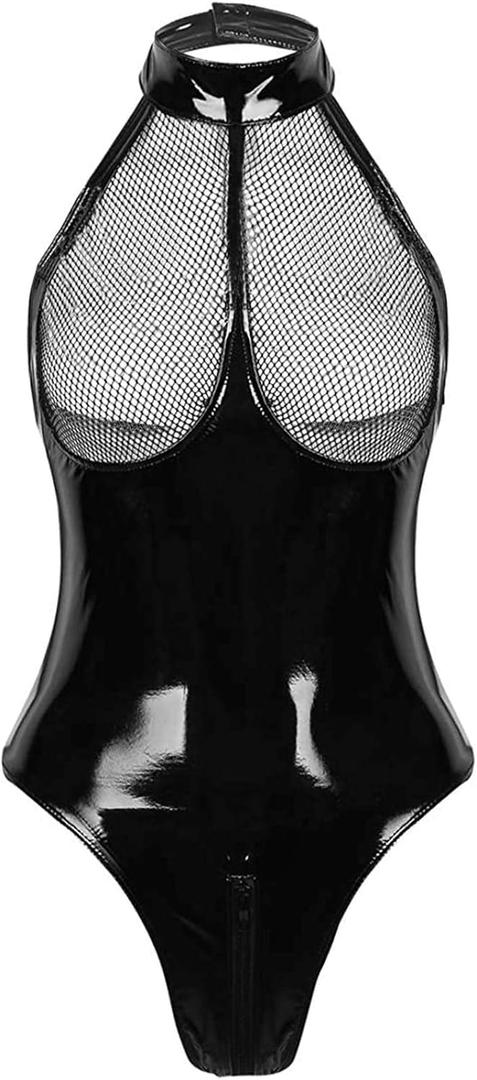 Sexy Women's Lingerie PVC Leather Mesh Bra Wetlook Halter Neck One Piece Clubwear Teddy Bodysuit (3X-Large)