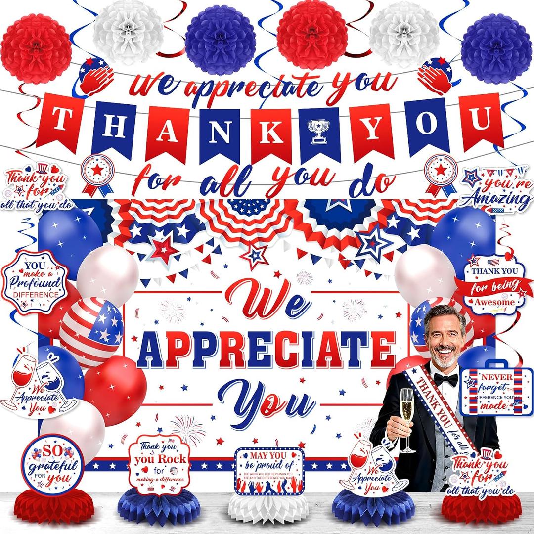 We Appreciate You Party Decorations Red Blue Thank You for All You Do Banner Honeycomb Centerpieces Hanging Swirls Kit Decor for Men Office Employee Pastor Teacher Doctor Appreciation Party Supplies