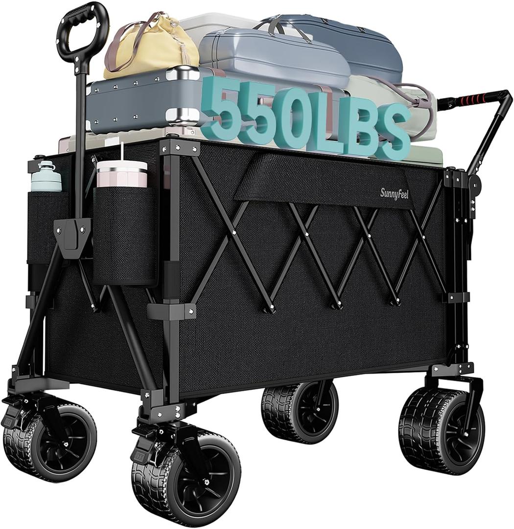 SUNNYFEEL 550LBS Collapsible Wagon Cart - Heavy Duty Push Pull Foldable Wagon with Dual Handles and Big Wheel,Utility Cart with Rear Tailgate for Camping, Fishing, Gardening, Shopping, Black