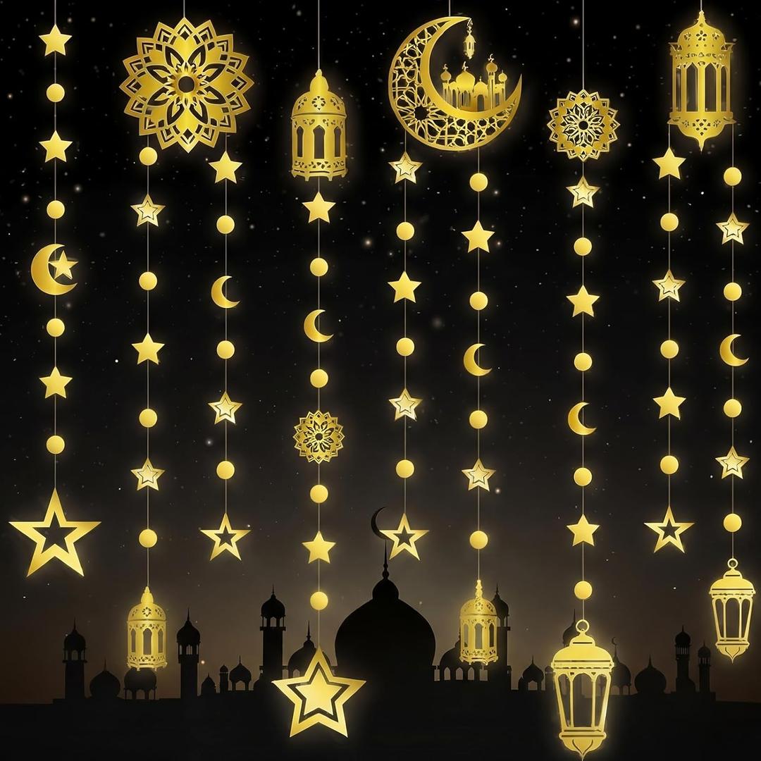 ReliThick 6 Pcs Ramadan Decorations Eid Mubarak Gold Moon Star Lantern Garland Eid Crescent Star Hanging Banner Streamers for Home Ramadan Mubarak Decor Islamic Birthday Wedding Party Supplies
