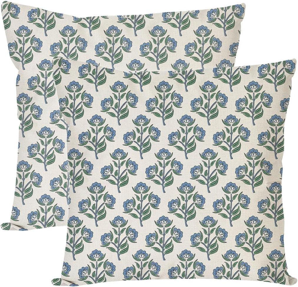 PANDICORN Block Print Pillow Covers 18x18 Inch Set of 2 Vintage Blue Green Floral Boho Outdoor Farmhouse Spring Summer Decorations Decorative Throw Pillow Cases for Home Couch Bed Living Room Decor