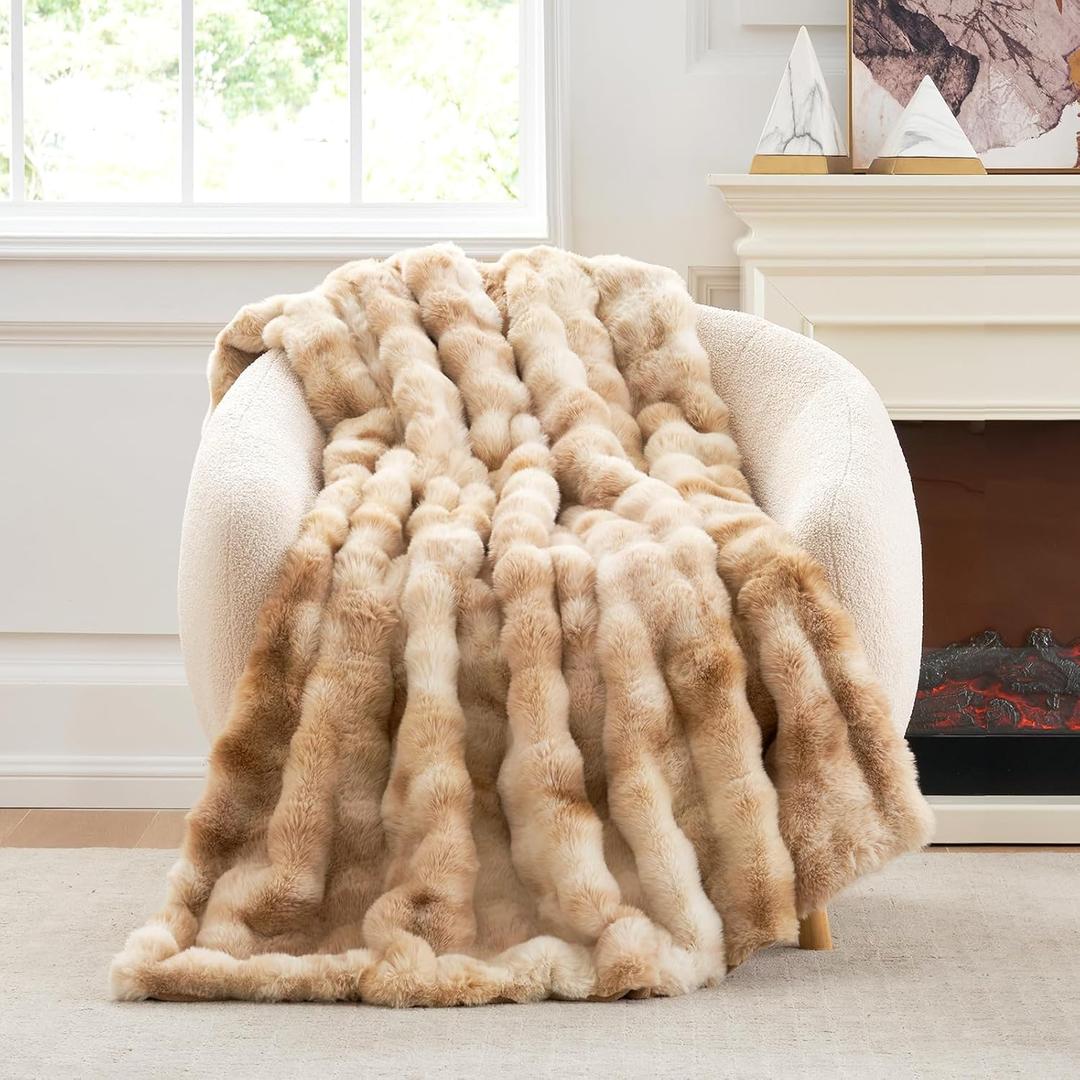 Cozy Bliss Faux Fur Throw Blanket for Couch, Fuzzy Soft Plush Thick Bubble Blanket for Sofa Bedroom Living Room, 50 * 60 Inches Tie-dye Beige