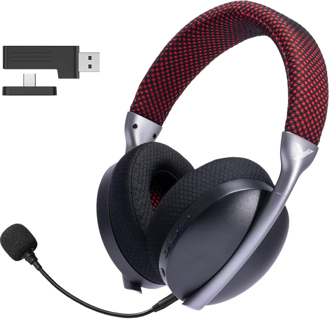 YUEHEMEI 2.4GHz Wireless Gaming Headset for PS5, PS4,Switch,PC, Noise Canceling Mic, 15ms Low Latency, USB &Type C Adapter,35H Battery,3D Surround Sound Bluetooth5.3 Headphone for Phone, Mac, Laptop (Red)