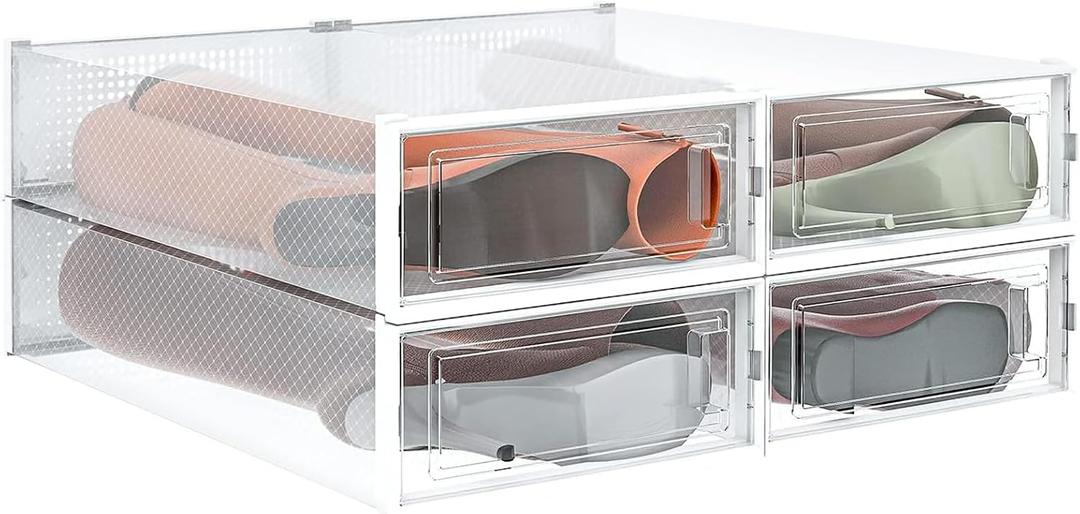 Parat nta 4-Piece Extra Large Boot and Shoe Storage Boxes, Stackable Clear Plastic Shoe Organizer, Space-Saving Shoe Boxes for Boots, Sneakers, and High Heels, Clear