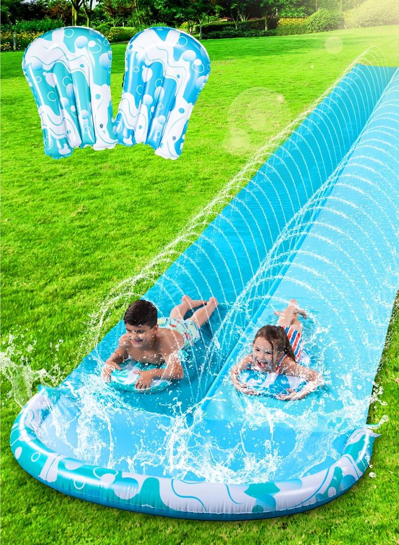 JOYIN 22.5FT Water Slide and 2 Inflatable Boards, Extra Long Heavy Duty Double Lawn Waterslide with Sprinkler for Kids Adults Backyard Summer Water Toy Outdoor Fun, Blue, Light Blue