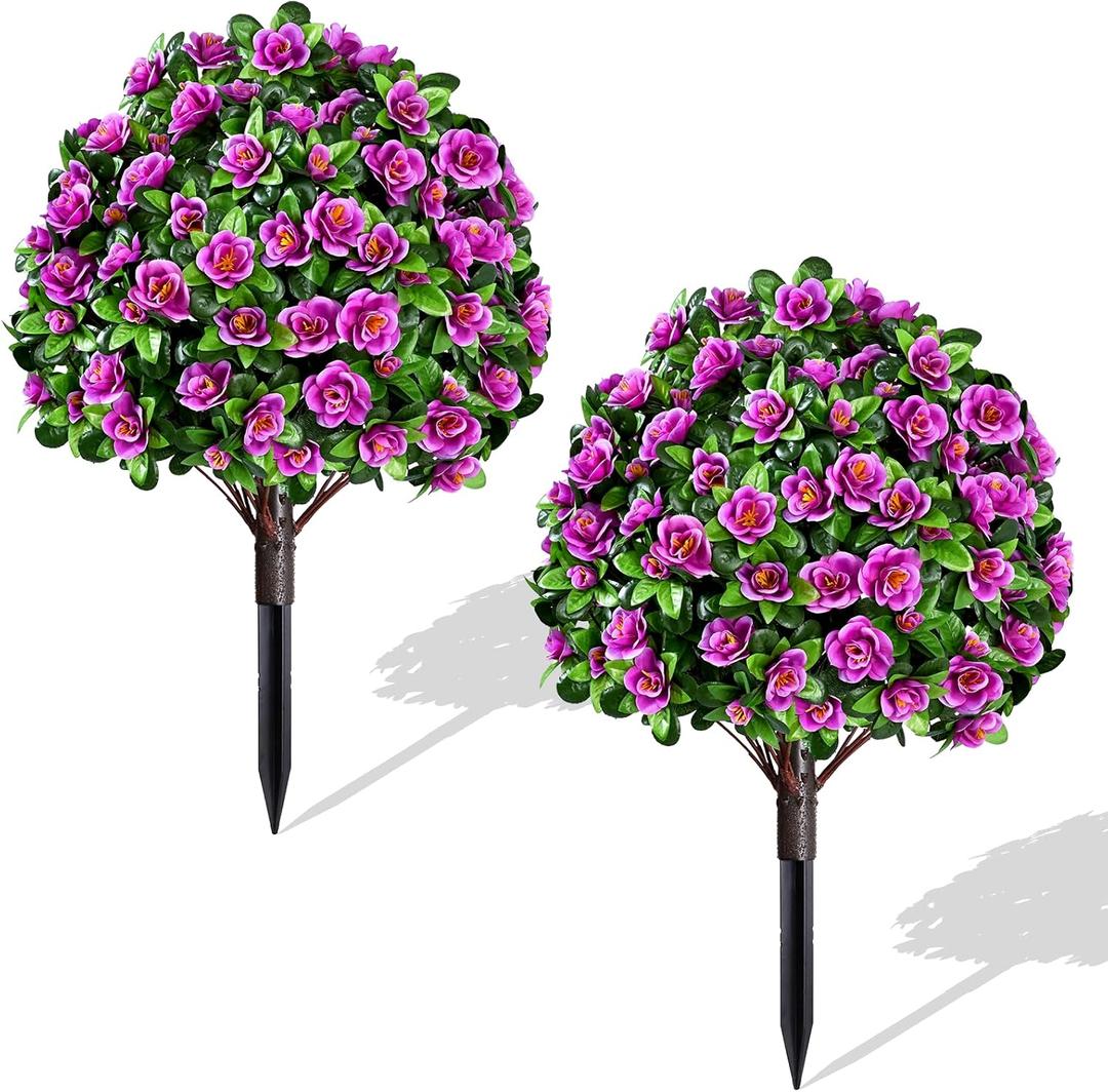 Waipfaru 2 Pack Artificial Flowers Topiary Ball Trees for Outdoors, 24" Fake Bushes Plants, UV Resistant Faux Shrubs with Ground Spike for Front Porch Planters Patio Garden Yard Decor (Fuchsia)