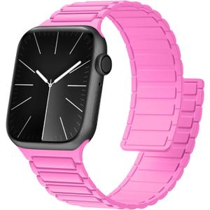 Magnetic Silicone Watch Band Compatible with Apple Watch 44mm 45mm 49mm 46mm 42mm 41mm 40mm 38mm bands Women Men, Soft Sport Strap for iWatch Series11 10 9 8 7 6 5 4,ULTRA3 2,SE3 2 1 (fluorescent pink)
