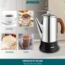 APOXCON Electric Coffee Percolator Stainless Steel Coffee Pot with Two Tough Glass Clear Brew Progress Knob & Treated Solid Wood Handle & On/OFF Switch Auto Keep Warm Cordless Serve (8 Cup)