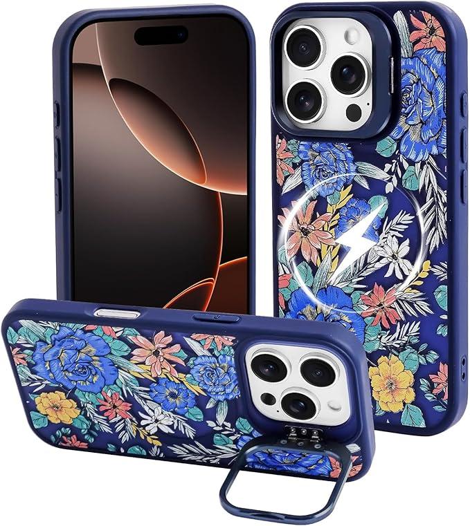 J.west Compatible with iPhone 16 Case, Compatible with Magsafe with Kickstand Shockproof Bumper Animal Rugged Clear Phone Cover Cases (Navy Blue Roses)