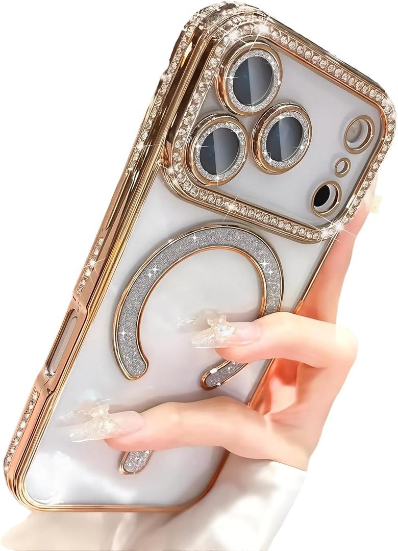 Magnetic Glitter Diamond for iPhone 17 Pro Max Case[Compatible with MagSafe] Sparkle Rhinestone Camera Lens Protector Plated, Crystal Clear Slim Military Drop Shockproof Cover for Women,Gold