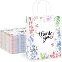 Purple Q Crafts Thank You Gift Bags 50 Pack 8" X 4" X 10" Small Paper Bags With Handles Floral Design Thank You Bags For Business, Boutique, Gifts, Wedding Favors