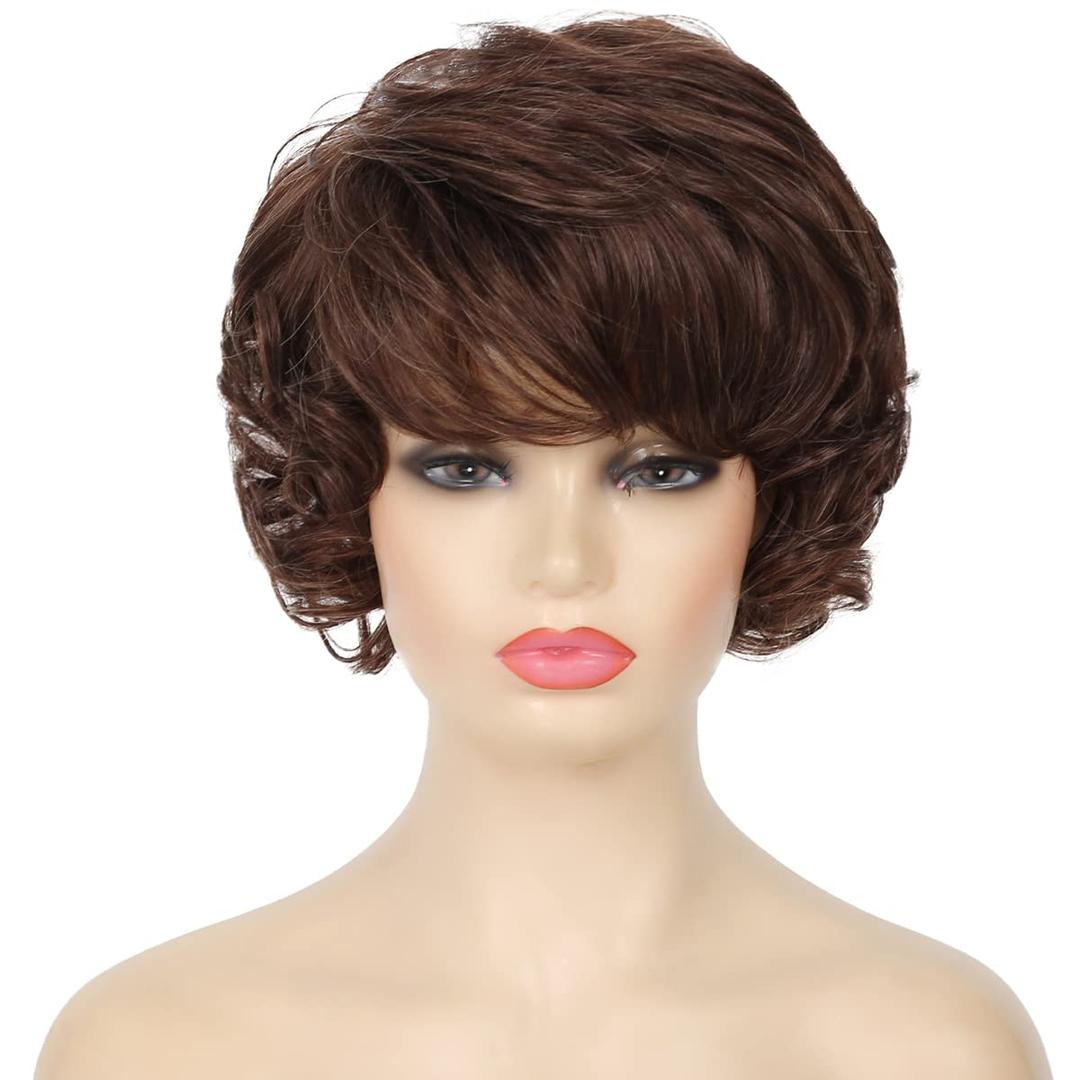 Kaneles Short Brown Curly Wavy Wigs for Women with Bangs Synthetic Hair Wigs for Lady Halloween UseDark Brown