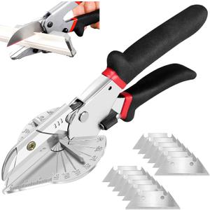 Multi Angle Miter Shear - Upgrade Quarter Round Cutting Tool with 12pcs Replacement Sharp Blades, 45-135 Adjustable Angle, Trim Cutter Hand Tool for Plastic, Wood Trim Molding (Black Red Handle)