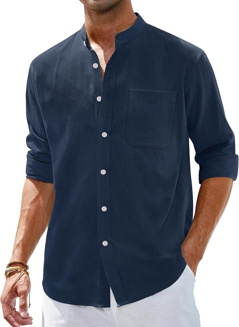 Alimens & Gentle Men's Cotton Linen Shirts Long Sleeve Button Down Shirt Band Collar Beach Shirts (Medium, Navy Blue)
