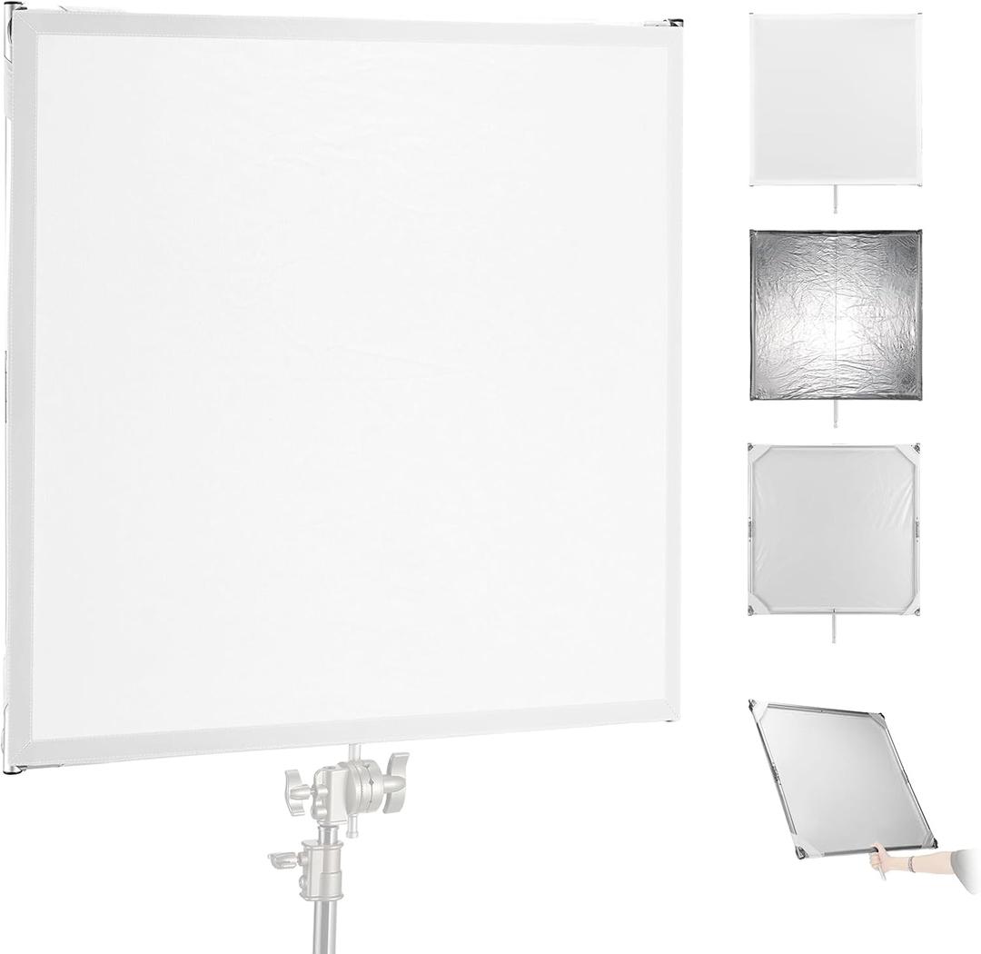 NEEWER Light Diffusion Panel Scrim Kit with Silver/White Reflector Film 35"x35" Foldable Frame with 5/8" Baby Pins Handle for C Stand 3 in 1 Diffuser for Studio Portrait Product Photography, SF9090F