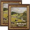 8x10 Gold Picture Frame, 2 Pack Ornate Vintage Picture Frames for Wall or Tabletop Display, 8x 10 Photo Frame Gold with Real Glass, Display Poster 5x7 with Mat or 8x10 without Mat for Antique Decor