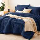 CozyLux Queen Comforter Set Navy Blue Seersucker 7 Pieces Bed in a Bag Queen Comforter Set with Sheets, Luxury Bedding Sets with Down Alternative Comforter, Sheets, Pillowcases & Shams for All Season