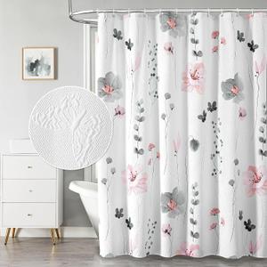 QiyI Watercolor Floral Shower Curtain, 3D Embossed Butterflies Grey Pink Flower Bathroom Curtain, Minimalist White Cloth Bath Curtain, Waterproof Fabric Textured Shower Curtain Set with Hooks, 72x72 (Graphite Gray)