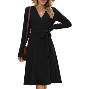 ZAFUL Women's 2026 Casual V Neck Long Sleeve Sweater Dress Wrap Ribbed Knit Pleated Midi Dresses with Belt (Large, Black)