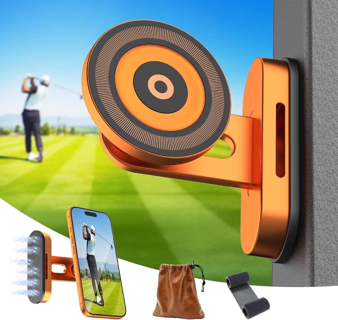 Magnetic Golf Cart Phone Holder Compatible with iPhone 12-17, Golf Accessories for Men, Photography-Friendly T-Shape Design Strong Magnetic Phone Caddy with 360 Adjustable Ball Head, Golf Gifts (Orange)