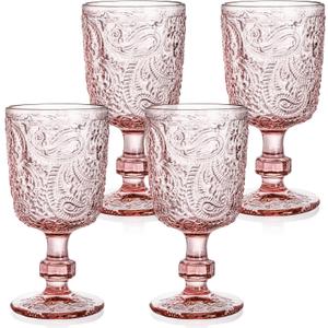 Tebery 4 Pack Pink Glass Wine Goblet Vintage, 10oz Colored Beverage Stemmed Glass Cups, Embossed Design Glassware Set for Water, Juice, Wine,Beer and Cocktails