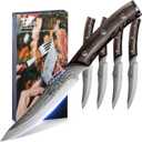 SYOKAMI Steak Knives Set of 4, 4.8 Inch Quality Japanese Style Smooth Edge Meat Knife with Wood Handle, Damascus Pattern Full Tang Design, Ultra Sharp Dinner Knives with Exquisite Box, Kitchen Gifts