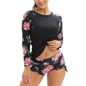 YATEEN Women's Long Sleeve Sun Protection Rash Guard Wetsuit Two Piece Swimsuit Set (#5 Black / Pink, Small)